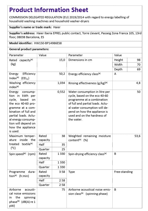 Haier HW150-BP14986ES8 Energy Label