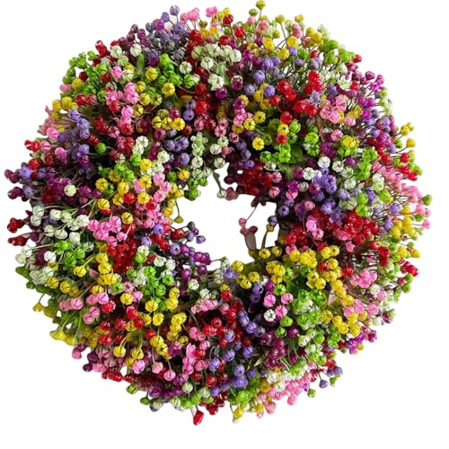 Coroa para porta exterior, 40 cm, coroa de porta para todo o ano, gypsophila artificial, coroa para porta de verão, decoração da porta da casa, flores secas, para casa, quarto,