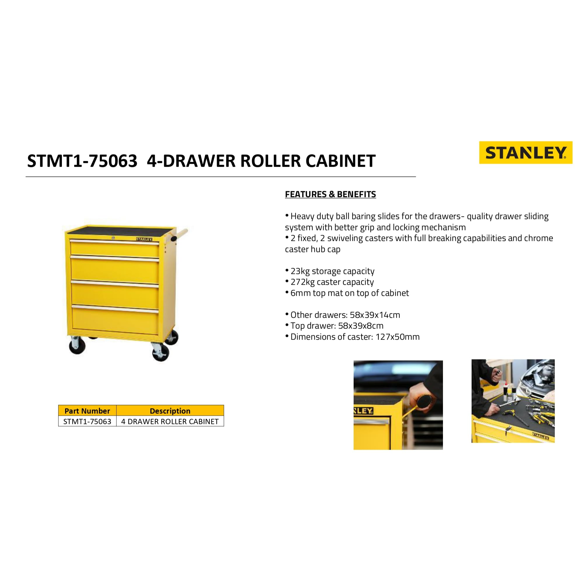 STANLEY STMT1-75063 Servante d'atelier métallique-Rangement d'outils sur 4 tiroirs-Fermeture sécurisée-Ouverture à glissières-Plan de Travail renforcé-Dimensions 685 x 1226 x 300 mm, Jaune
