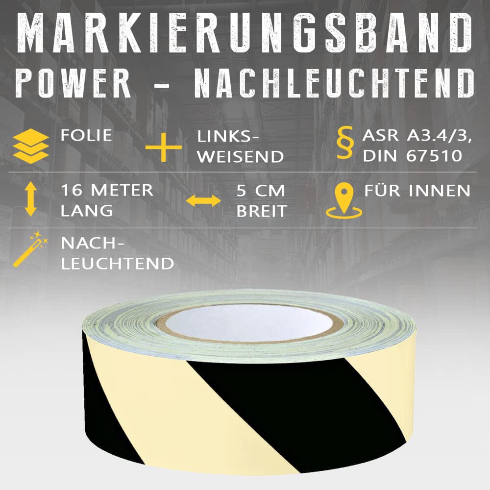 power Warnmarkierungsband, links, gelb nachleucht./schwarz, 5 cm, 16 m/Rolle aus Folie, Art.-Nr. 37971 | Warnband nachleuchtend | Warnband fluoreszierend | Nachleuchtendes Klebeband