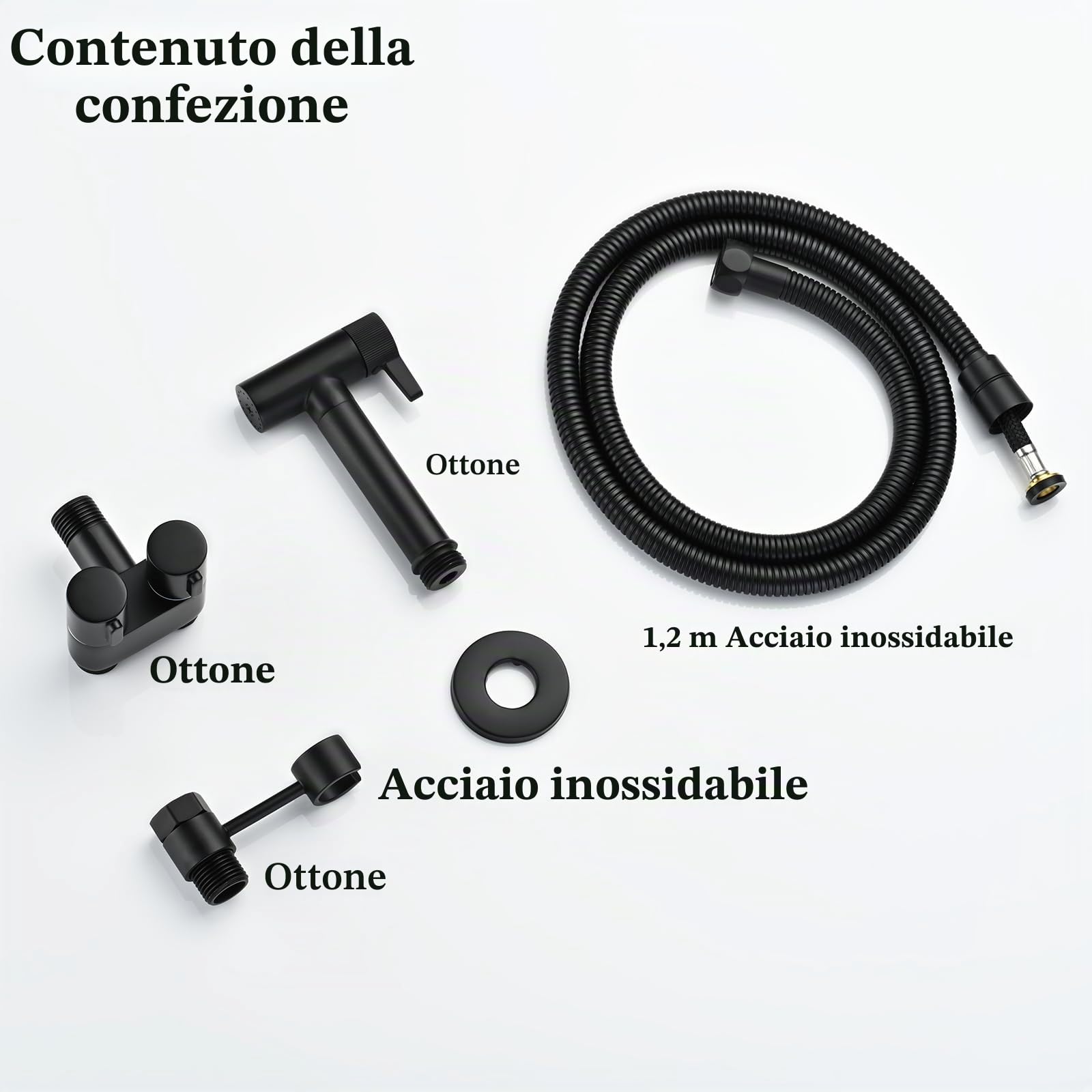 Doccetta per Bidet Nero Spruzzatore per Bidet Ottone Idroscopino per WC, con Uno Dentro Due Fuori Valvola ad Angolo, Spruzzatore a Doppia Funzione in Ottone, 1.2M Tubo Doccia
