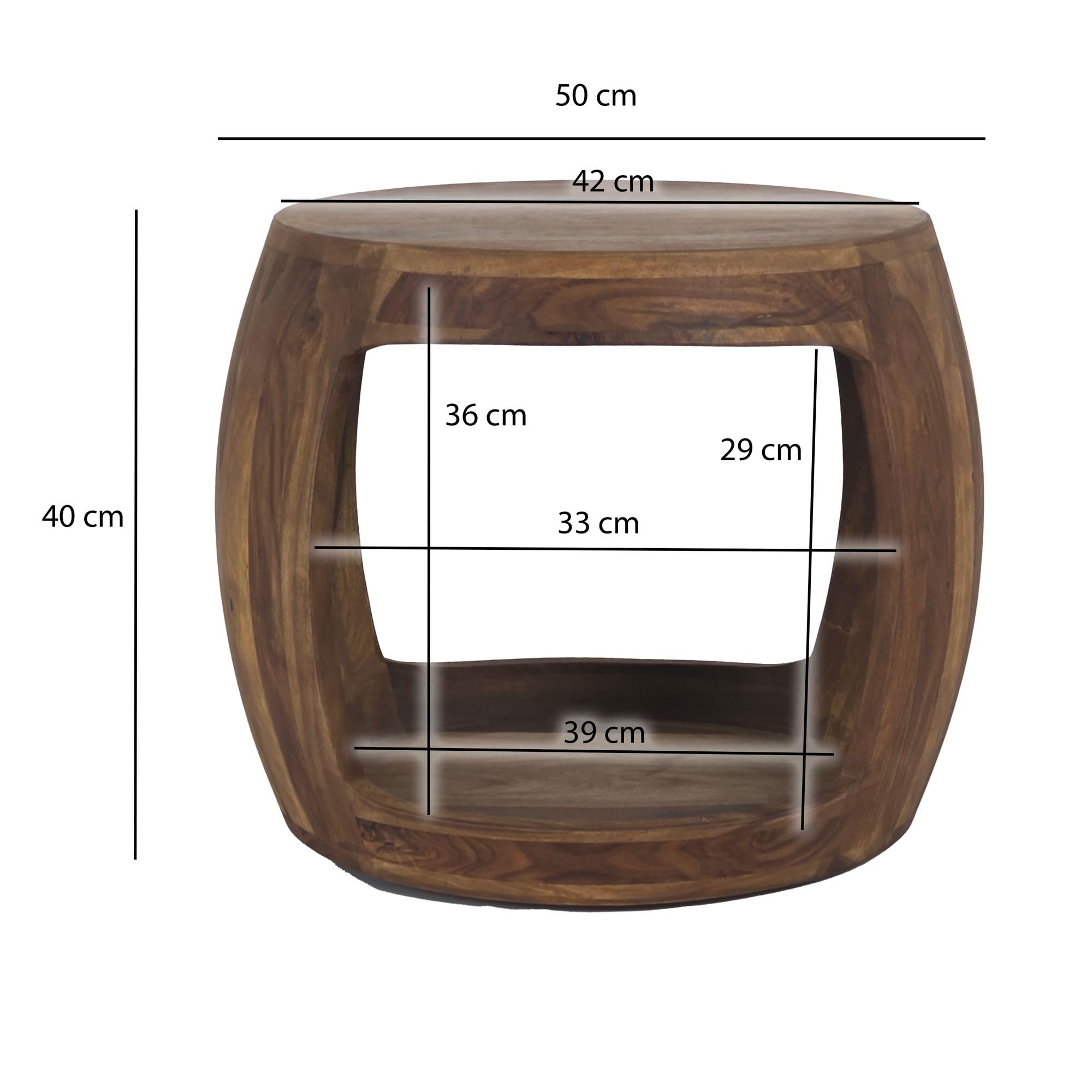 Wohnling Beistelltisch Rund Ø 50x40 cm Sheesham Massivholz, Ablagefach | Couchtisch mit offenem Fach im Naturdesign, Wohnzimmertisch aus Echtholz, handgefertigtes Unikat, Sofatisch
