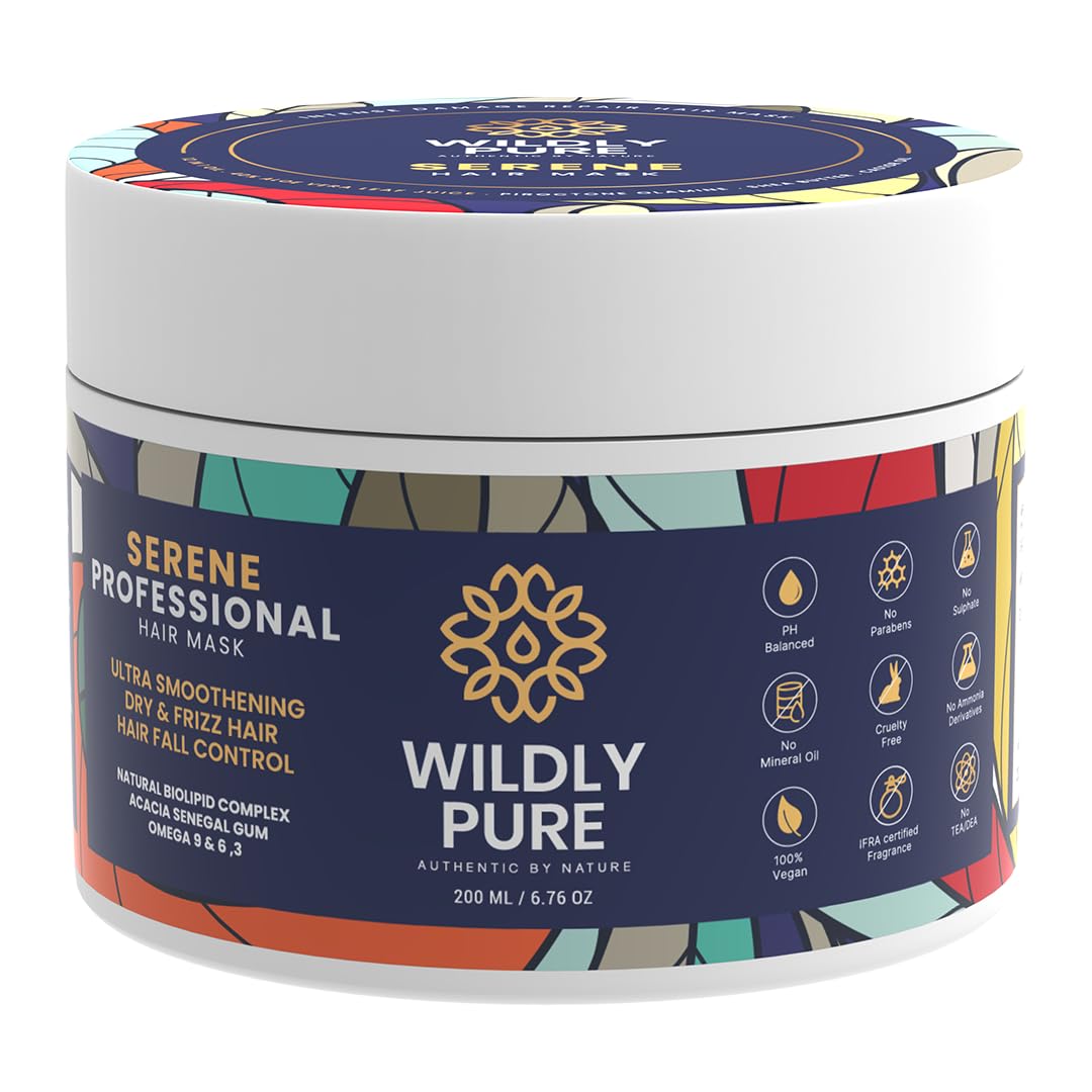 Wildly Pure Professional Hair Mask for Dry, Frizzy & Damaged Hair| 7 Days Spa Smoothening | Natural Biolipid Complex &12 Oils| Strengthening & Repair | Men & Women| 200ML(Serene)