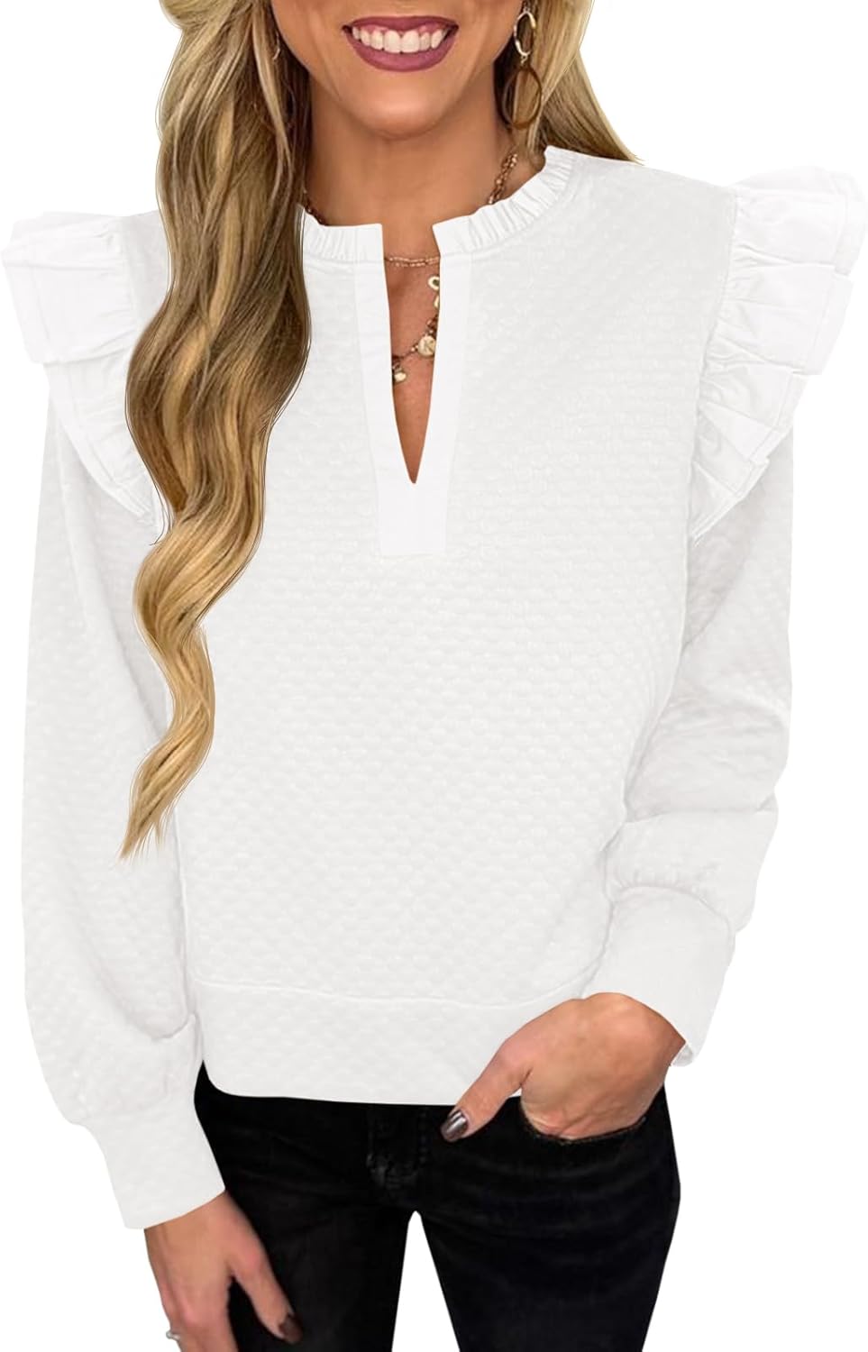 Cicy Bell Womens Ruffle Long Sleeve Sweatshirt Notched V Neck Textured Casual Pullover Tops Fall Loose Fit Blouses