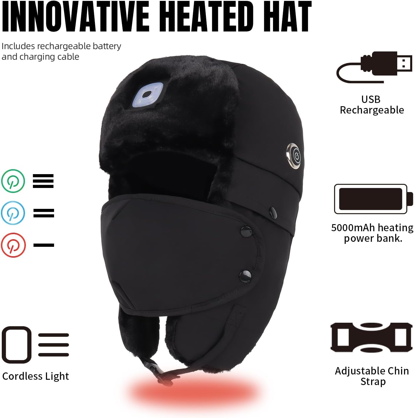 Heated Hat with Headlights, USB Rechargeable Hands-Free Headlamp LED Trapper Hat for Men Women Windproof Faux Fur Winter Hat - Image 5