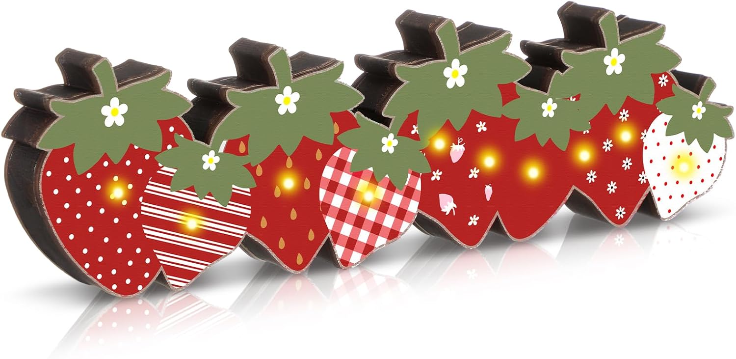 Yousoontic Strawberry Decorations for Table Centerpieces Berry Wooden Sign with LED Lights 3D Block Pink Red Strawberry Decor for Summer Home Mantel Desk Berry Sweet Baby Shower Party Decorations