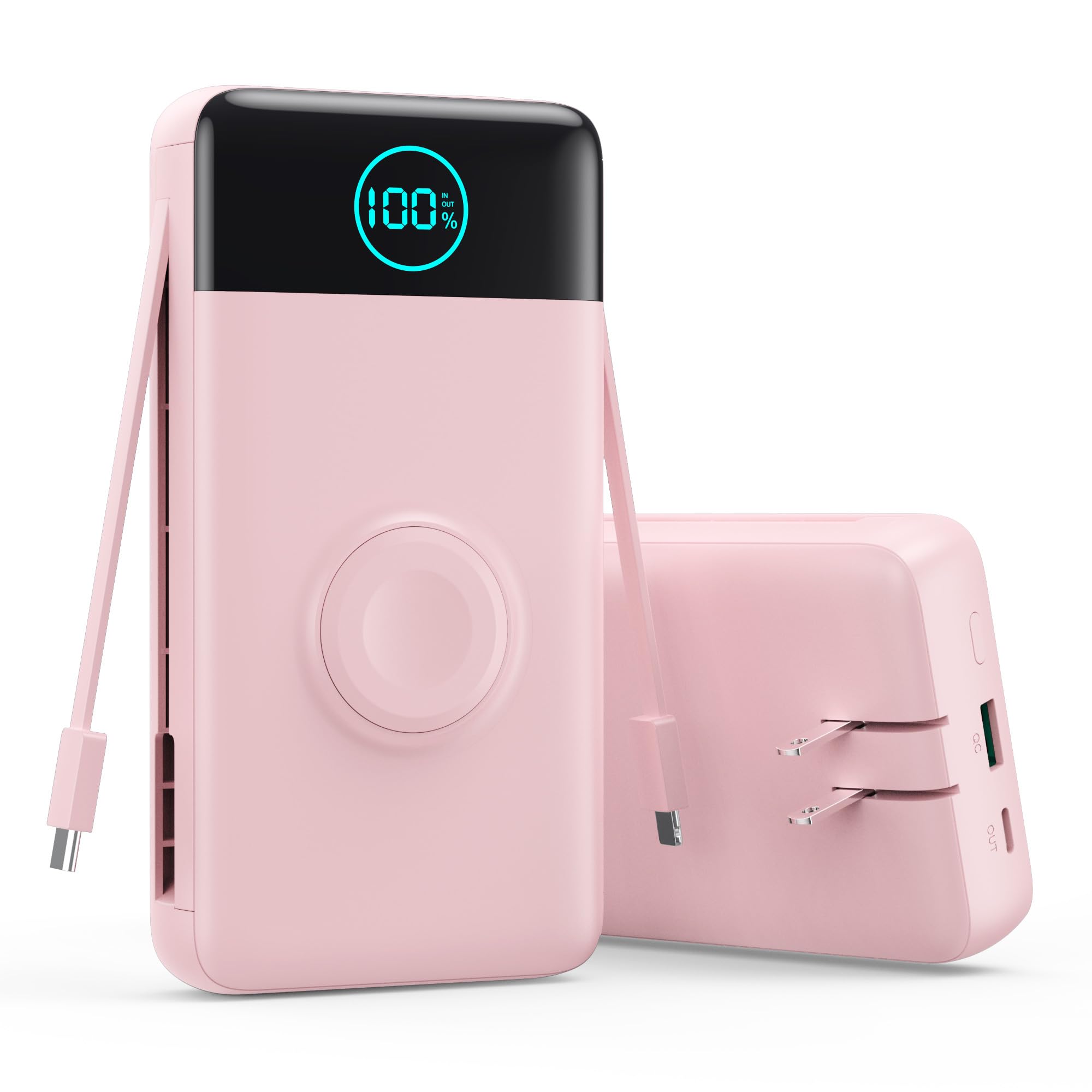 Portable Charger for iPhone, 40800mAh Power Bank with Built-in Cables &amp; AC Wall Plug, 5 Outputs USB C Fast Charging External Battery Pack for iPhone 17/16/15/14, Android, Travel Essential (Pink)