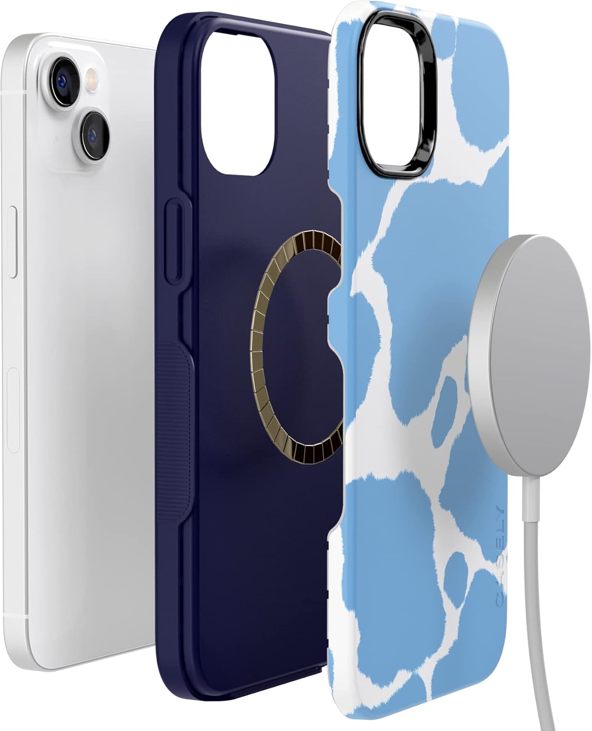 Casely iPhone 14 Case | Current Mood | Light Blue Cow Print | Bold Protective Design | Compatible with MagSafe