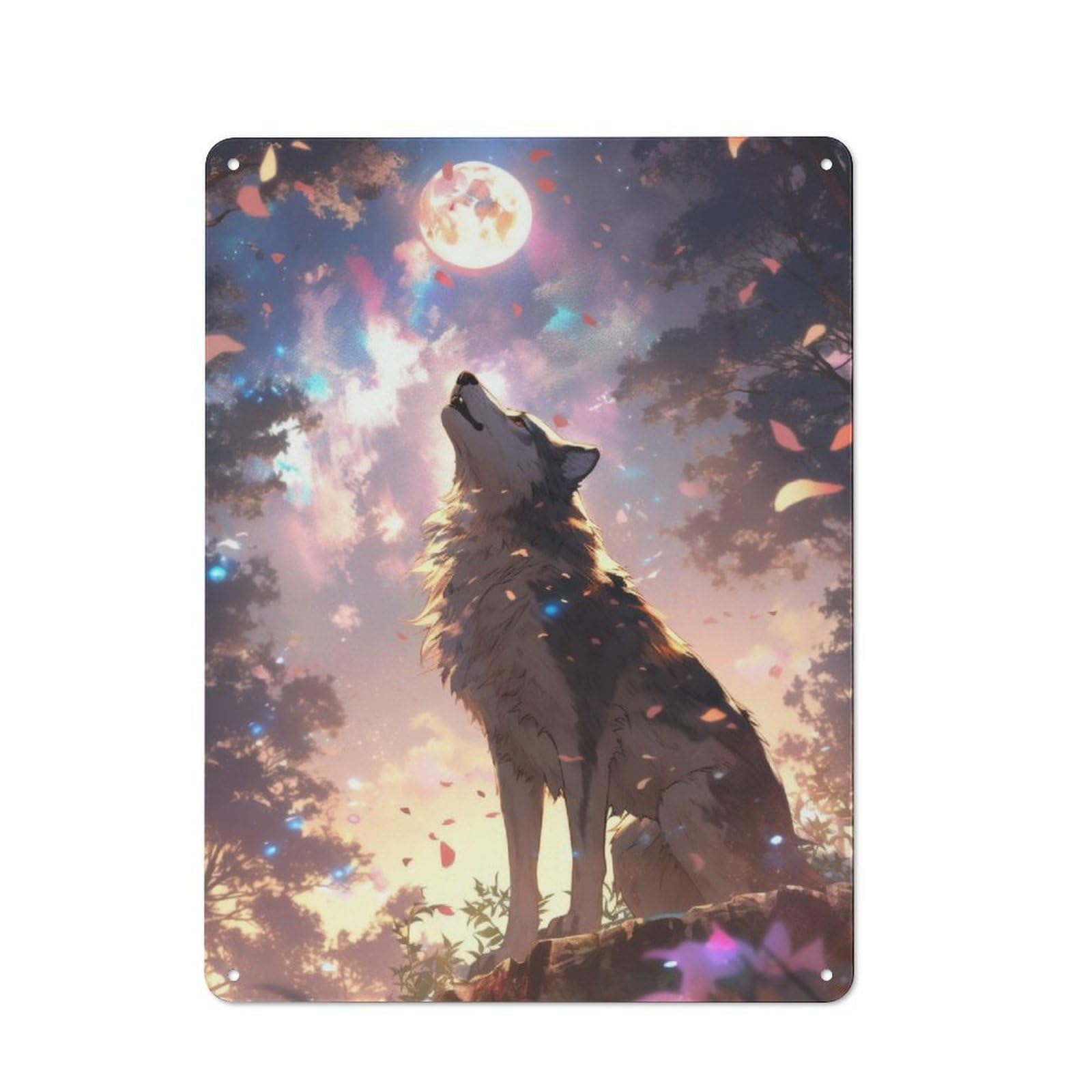 Junmoney Wolf Howling At The Moon Tin Wall Plaque 40X30cm With For Pub Or Café, For Hospitality Wall Decor Collectors