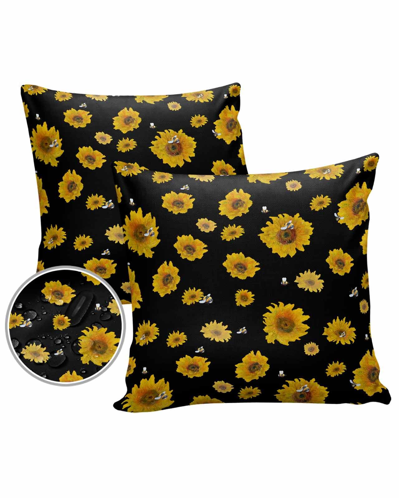 Sunflower Black Outdoor Pillow Cover 20x20 Inch Cushion Sham Case,Waterproof Decorative Square Throw Pillowcase for Outside Garden Patio Porch Couch Chair Tent Abstract Painting Bee Summer Spring