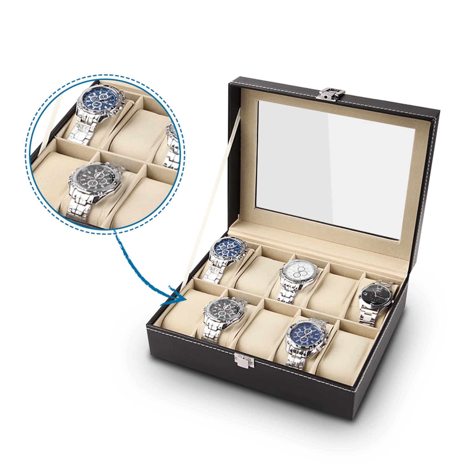 Ejoyous Caja de almacenamiento de 10 rejillas, caja de reloj para 10 relojes, funda de piel sintética con tapa de cristal y cojín para reloj, para hombre y mujer, decoración, coleccionar y regalar