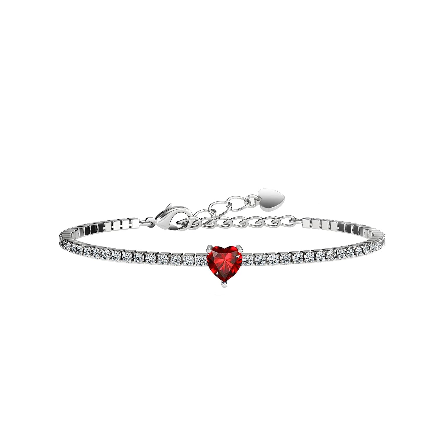 AllenCOCO Sterling Silver Heart Birthstone Bracelet, 14K White Gold Plated, AAAAA+ CZ Cubic Zirconia, Tennis Chain with Heart Charm, Hypoallergenic, Non-Tarnish Jewelry Gift for...