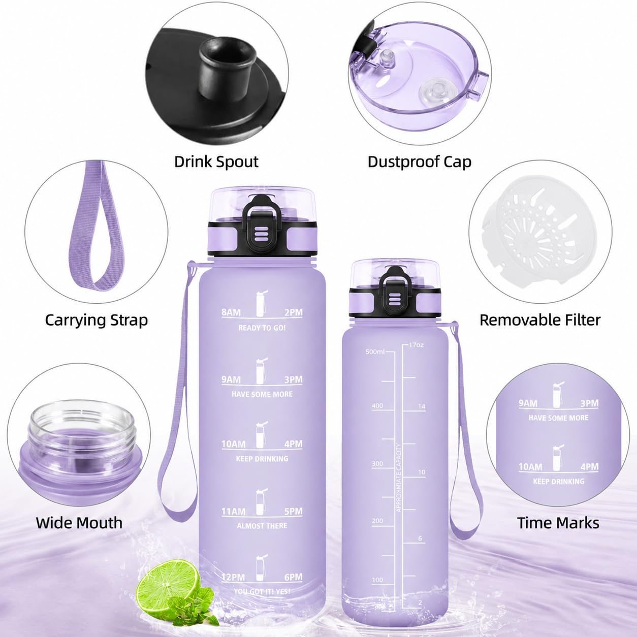 Gourde Sport, Conception Étanche Gourde 500ml, Avec échelle de Temps, Bouteille, Réutilisable, Légère, Gourde Graduée pour La Course à Pied, Le Vélo, Le Travail, Lilac clair