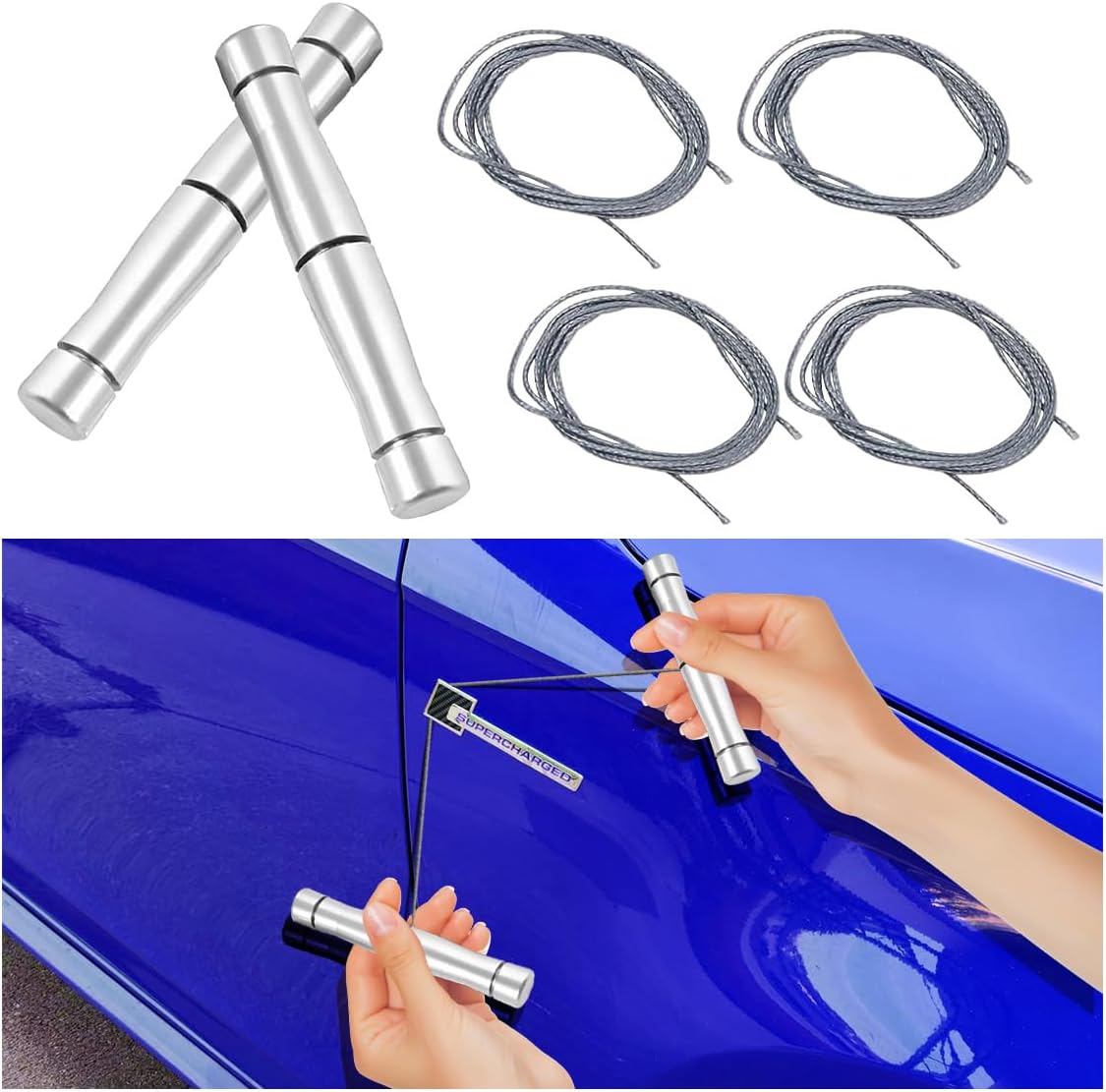Car Emblem Removal Tool, Vinyl Wrap Tools Vehicle Surface Logo Emblem Remover Plate Line with 4pcs PE Cords, for Vehicle Vinyl Wrap Paint Protection Film Tools Application (Silver)