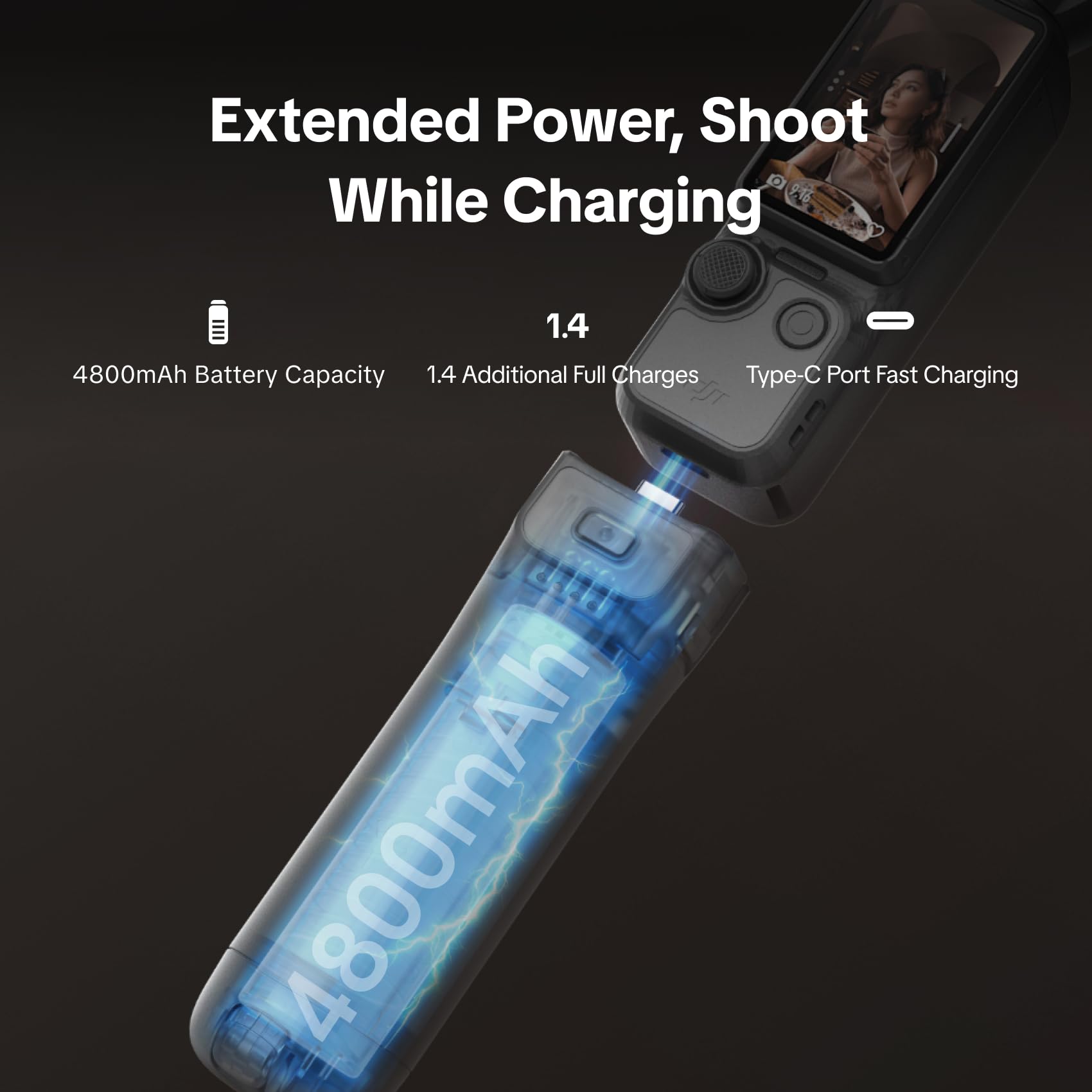 PGYTECH Akku Griff für DJI Osmo Pocket 3/Pocket 4/4P/Xtra Muse, Stativ | 4800mAh Batterie Kapazität, Type-C Ladeanschluss, Integriertes Stativ, 1/4 Gewinde unten, Ergonomischer Handgriff