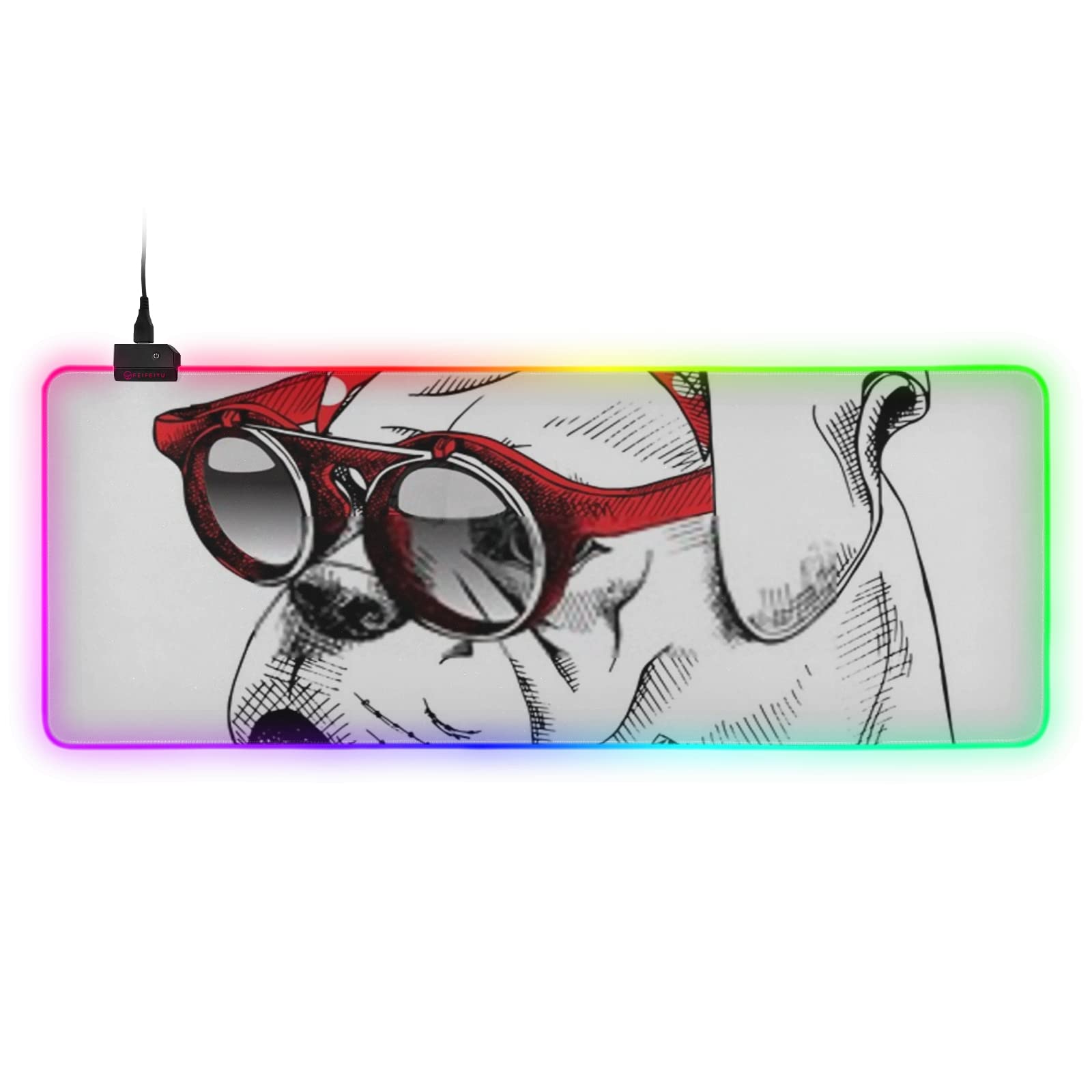 Large RGB Gaming Mouse Pad Bulldog Portrait Red Headband Sunglasses Vector Glowing Extended Mousepad 35 4x15 7in Soft