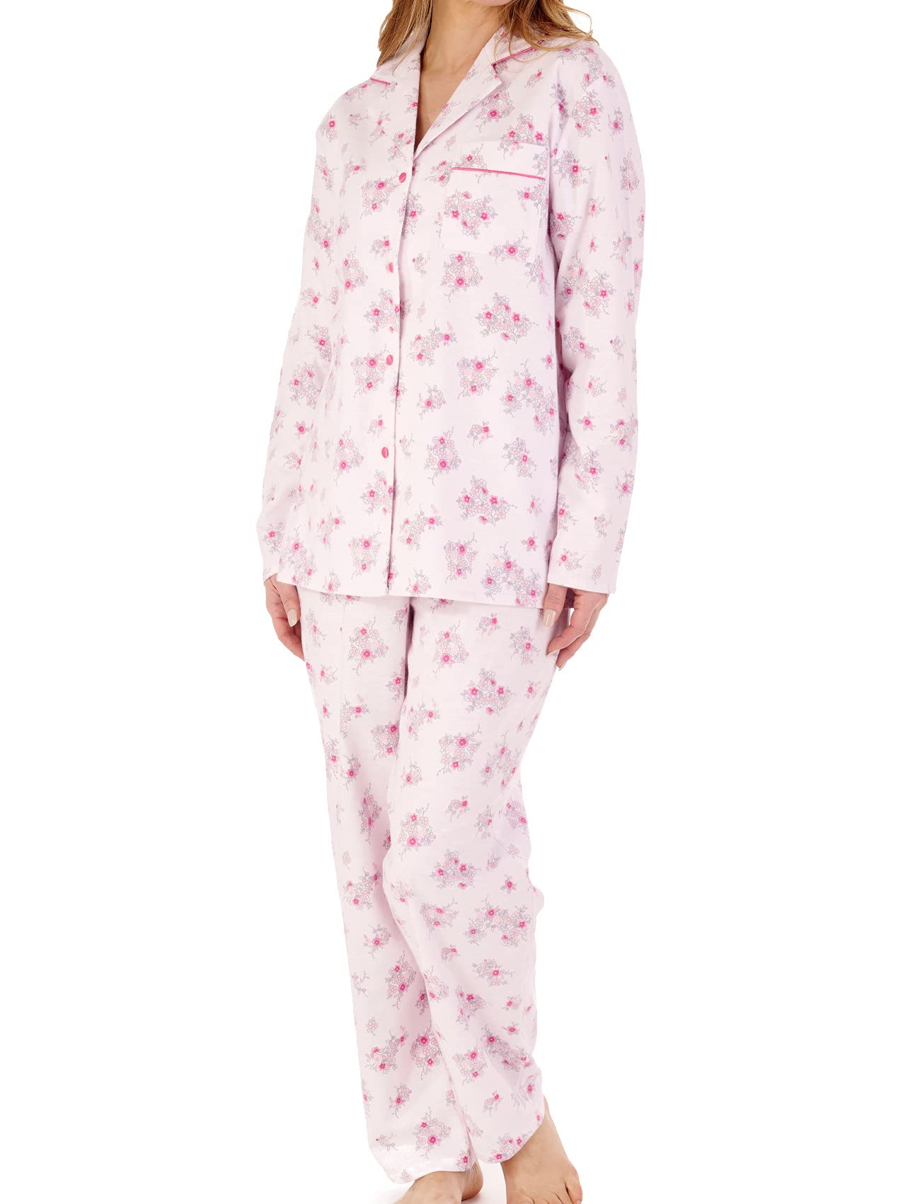 Slenderella Ladies Floral Tailored Pyjamas Flannel Cotton Button Up Top & PJ Bottoms UK 24/26 (Pink)