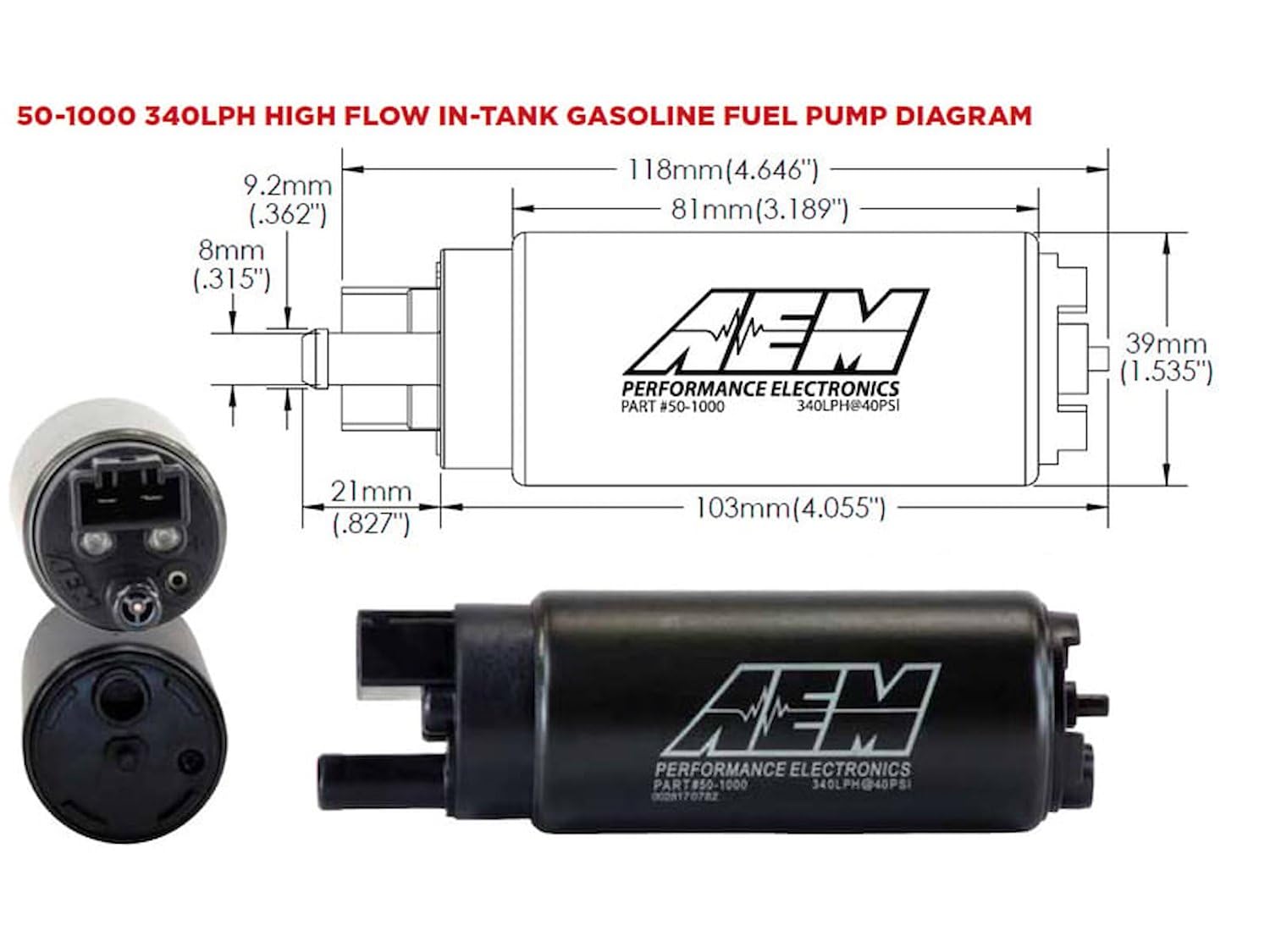 Amazon.com: AEM 50-1000 High Flow In-Tank Fuel Pump, Black, 4.055