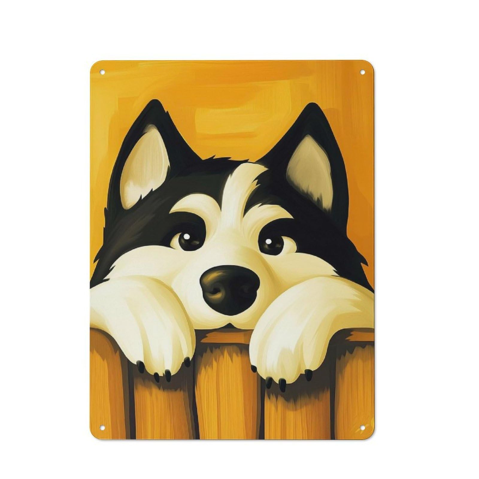 Junmoney Style-2 Husky Peeking Over Fence Rustic Metal Plaque 40X30cm For Living Room Or Hallway, For Garage, Workshop And Man Cave Decoration