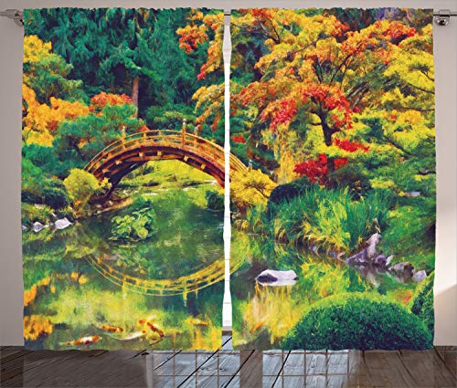 ABAKUHAUS japanisch Rustikaler Vorhang, Garten mit Alter Brücke,...
