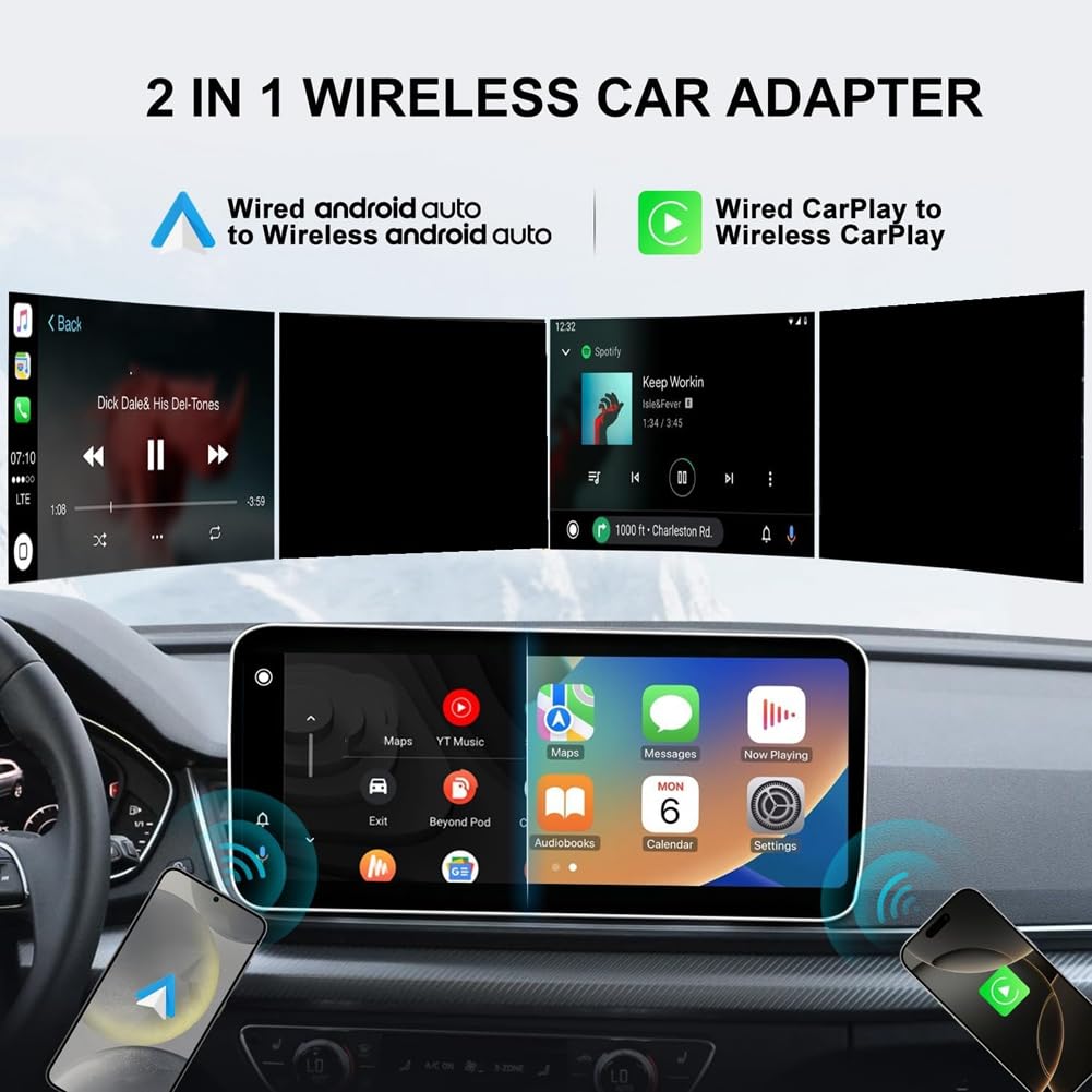 Adaptador Inalámbrico CarPlay y para Android Auto: Solución 2 en 1 Conectar y Usar Que Convierte Sistemas Cableados en Inalámbricos.