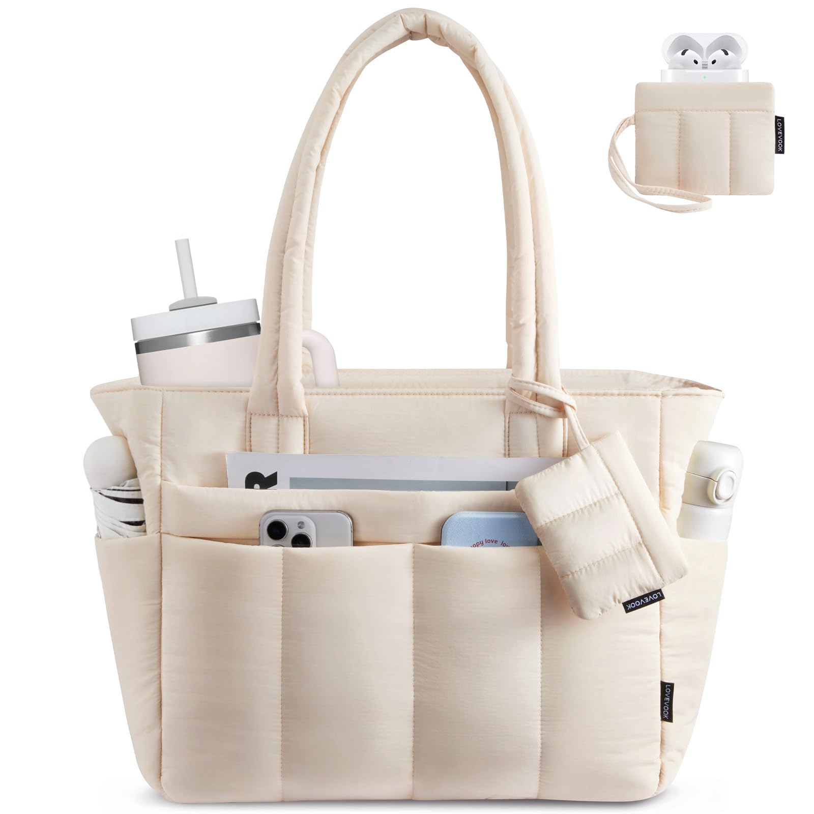 LOVEVOOK Handtasche Damen Shopper Tasche Groß, Leicht Arbeitstasche Puffer Tote Bag mit Reißverschluss, Schultasche Lehrertasche mit 15,6 Zoll Laptopfach, Schultertasche für Business Schule Reise