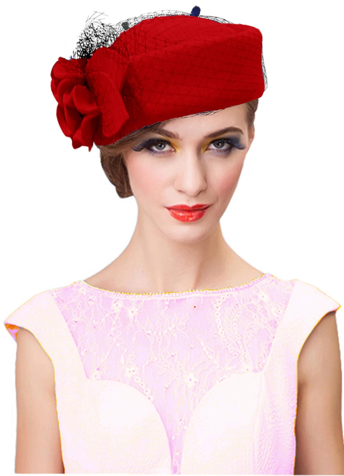 RZTA Women's Vintage 100% Wool Felt Cloche Bucket Bowler Hat Winter Vintage Bow Fedoras Church Fascinator, E5-red, One Size