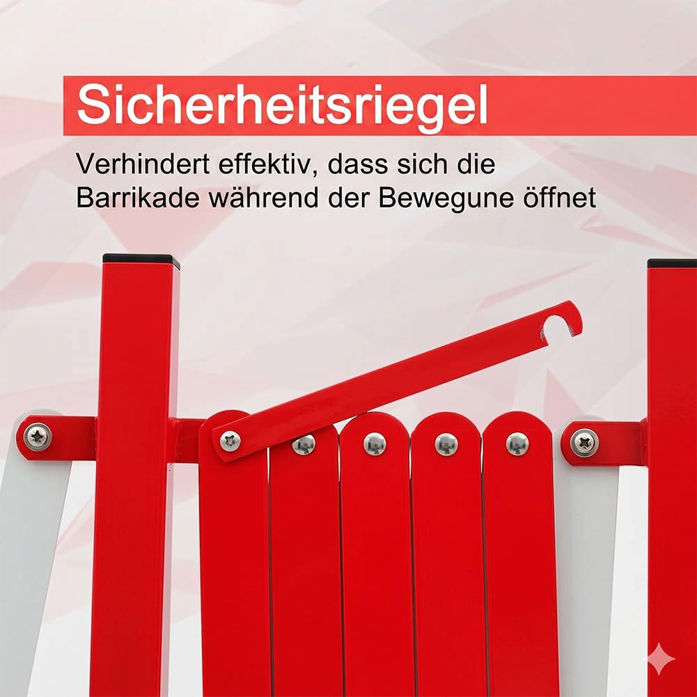 Rejilla de tijera industrial extensible, barricada de metal, cadena de barrera fácil de montar con ruedas, barrera móvil para exteriores, barrera amarilla y negra, 5 metros, rojo y blanco