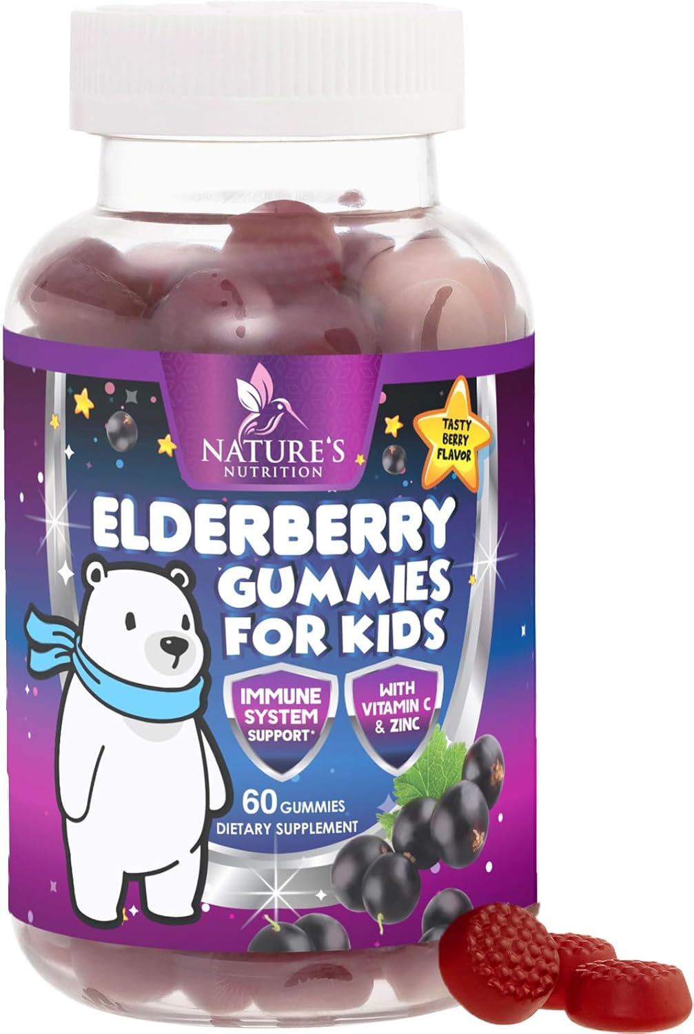 Children’s Daily Immune Support Gummies with Real Elderberry + Vitamin C & Zinc to Support Kids Healthy Immune System, Natures Sambucus Elderberry Gummy, Chewable Supplement, Gluten-Free, 60 Gummies