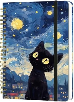 Spiral Notebook - A5 Spiral Notebooks, 8.3 5.8, 160 Pages, Aesthetic Journaling Notebooks for Women, College Lined Notebook with Elastic Closure, Back Pocket, for School Office, Cat Sky