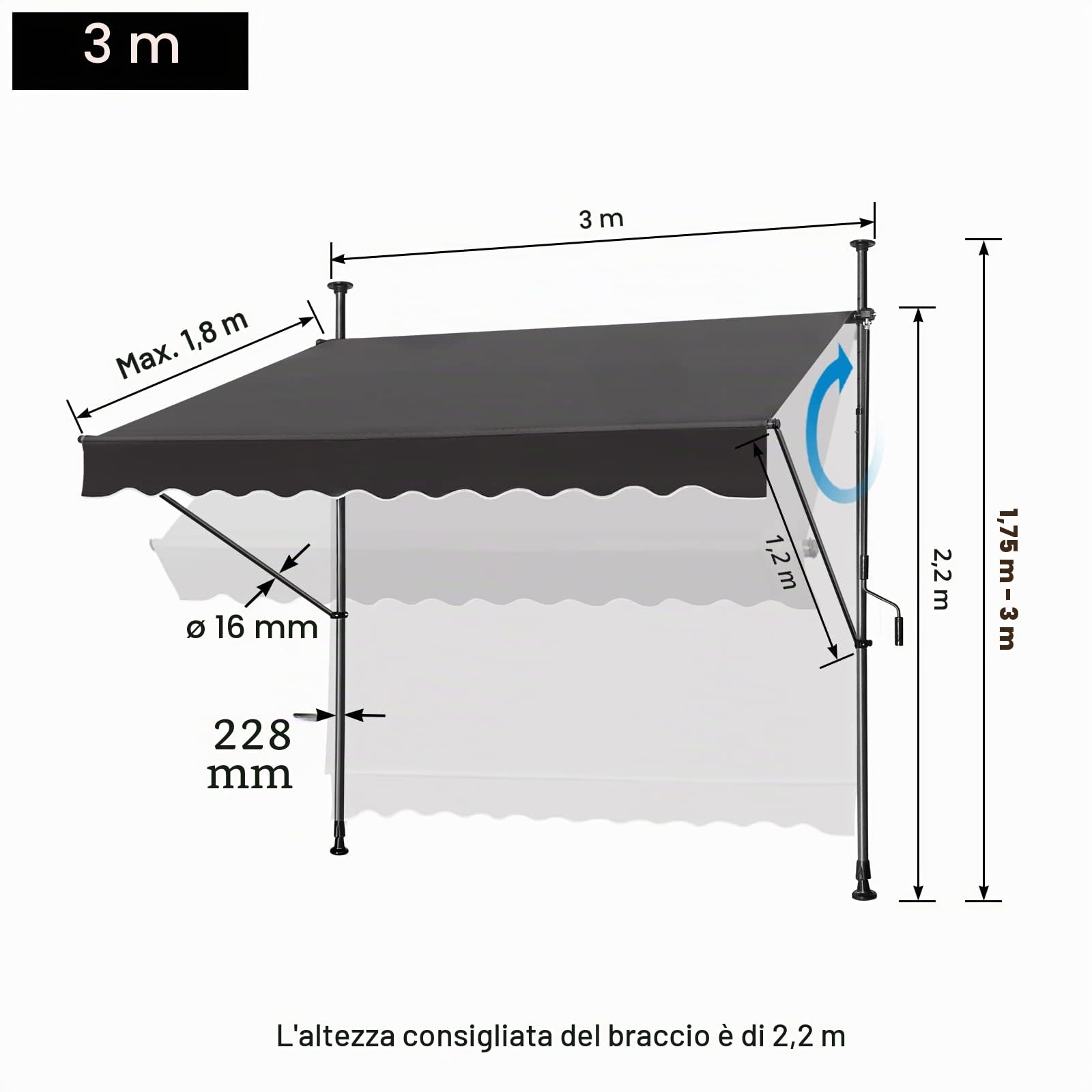 UISEBRT Tenda da sole a pressione per balcone, larghezza 300 cm, con manovella, regolabile in altezza, senza fori, protezione UV, protezione solare, resistente alle intemperie (300 x 120 cm, grigio
