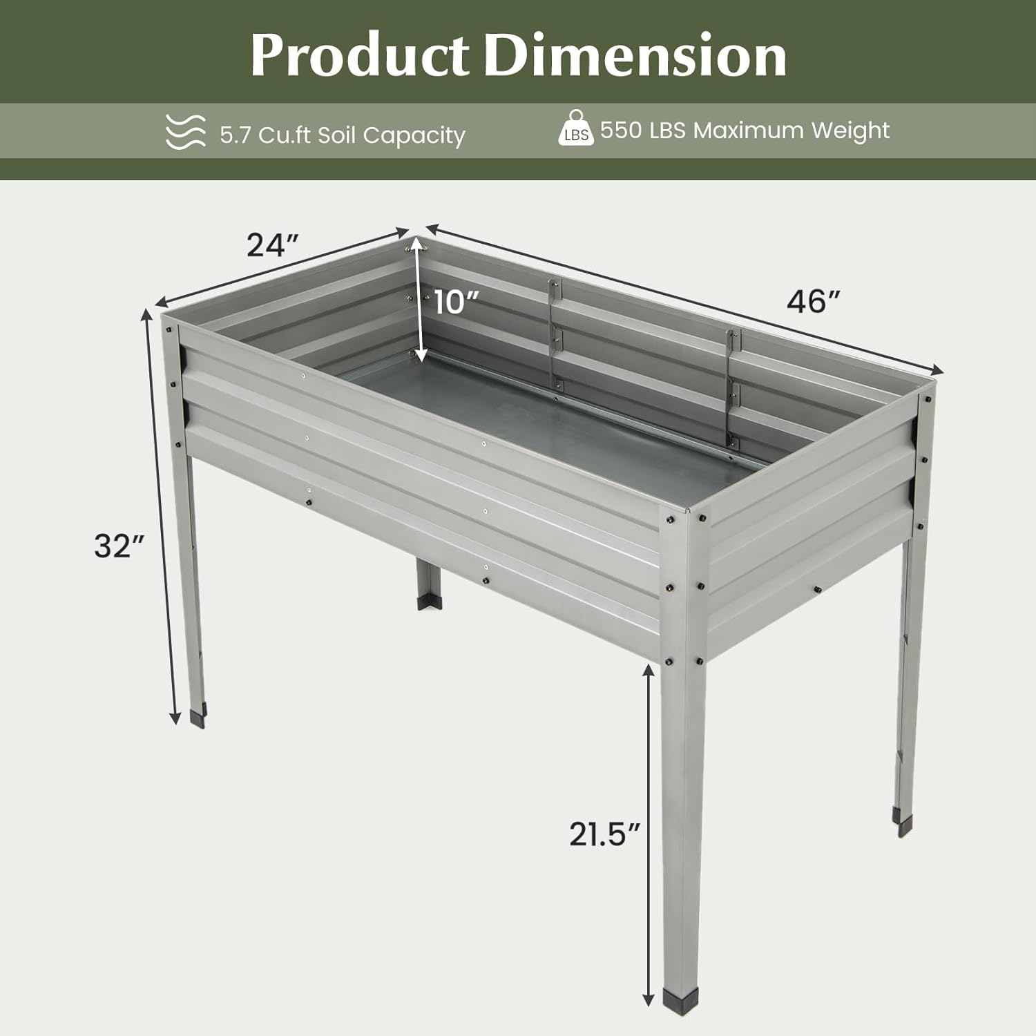 HAPPYGRILL Raised Garden Bed, Galvanized Garden Box with Legs, Drainage Holes, 2 Gloves, Outdoor Planter Box for Garden, Backyard & Patio, 46”x 24” x 32”, Sliver