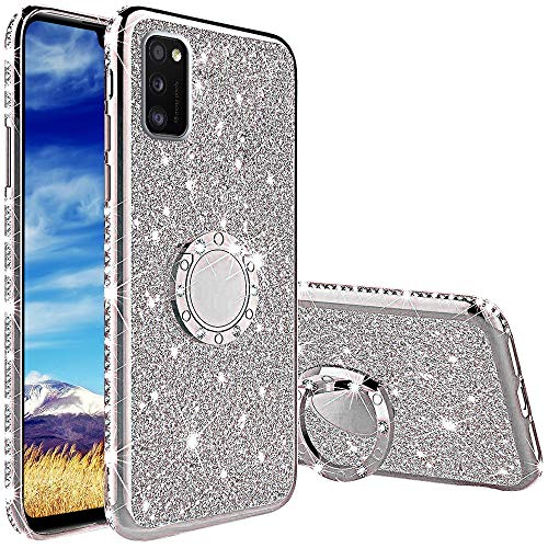 Funda para Samsung Galaxy A41, Glitter Brillante Diamante con 360 Grado Anillo Kickstand Ultra Delgada Premium Fina Resistente Silicona TPU Doble Capa Anti Choques Protectora Carcasa - Plata