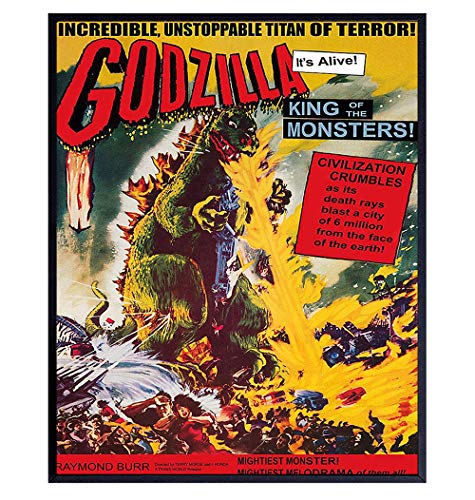 Image of Godzilla - 8x10 Vintage Hollywood Horror Movie Poster Wall Art Print - Creepy Classic Scary Movie Home Decor Picture for Man Cave, Boys Bedroom, Teens Room - Gift for Men