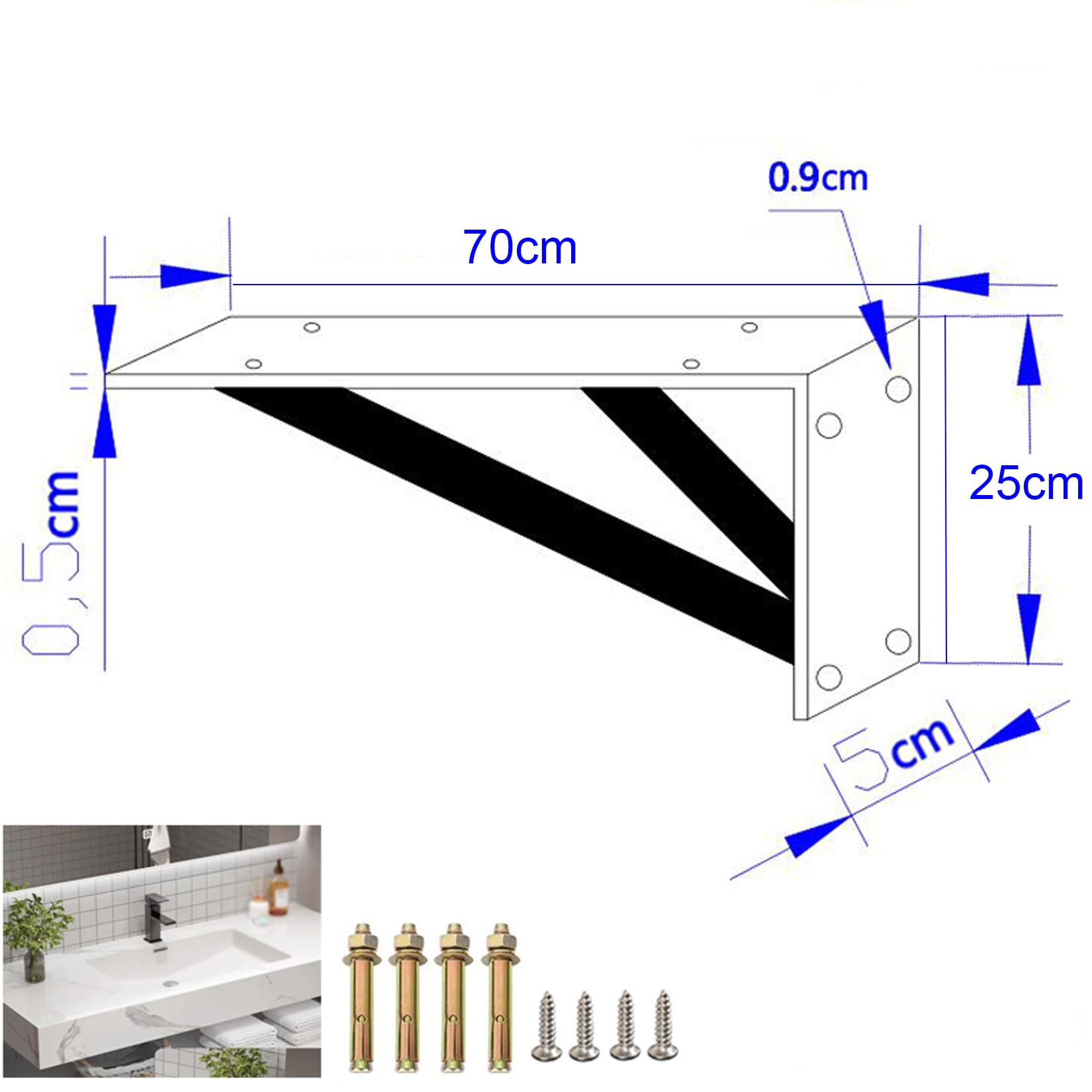 2 Stück Regalhalterungen,Schwimmenden Regalträger,Metall Schwerlast Konsole Wandwinkel,Dreieck Wandhalterungen Regalwinkel für Lagerregal,Bücherregal,mit Schrauben (70cm,Schwarz)