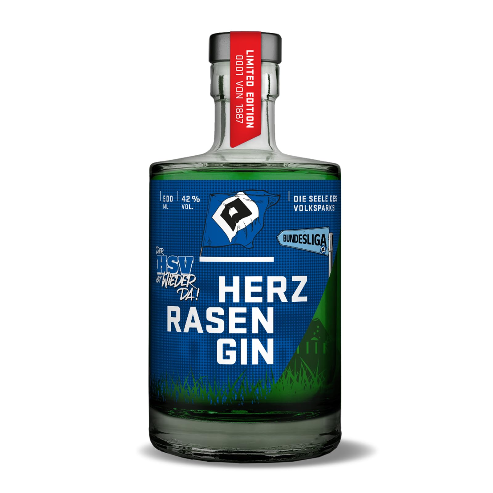 HERZRASEN HSV Gin 0,5l Aufstiegsedition 1887 Limited Edition – 42 % Vol. Premium Dry Gin mit 11 Botanicals und echtem Stadionrasen – Sammlerflasche und Geschenk für HSV Fans – vegan
