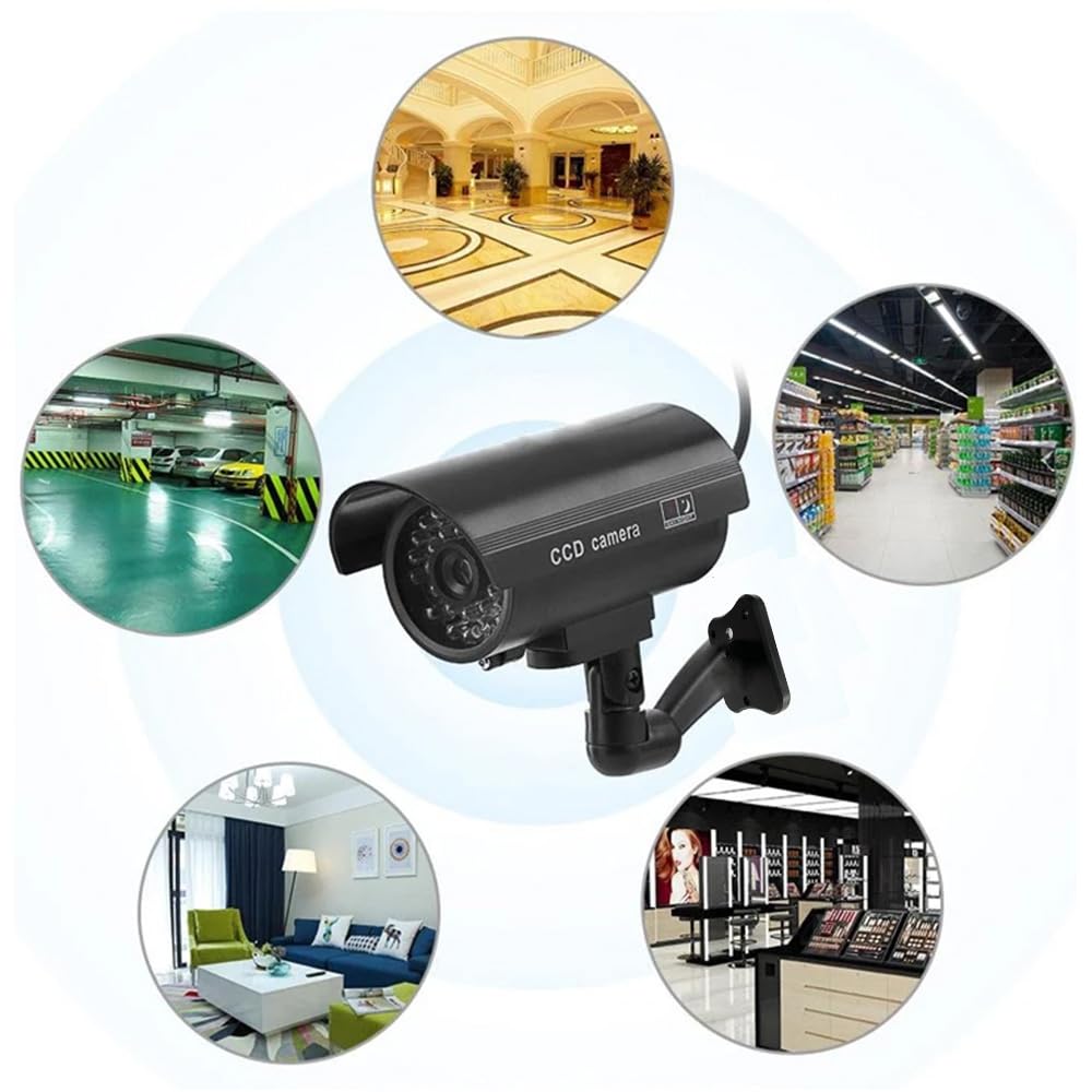 Cámara de seguridad falsa, sistema de vigilancia CCTV simulado con luces intermitentes rojas realistas y calcomanía de advertencia para interiores y exteriores