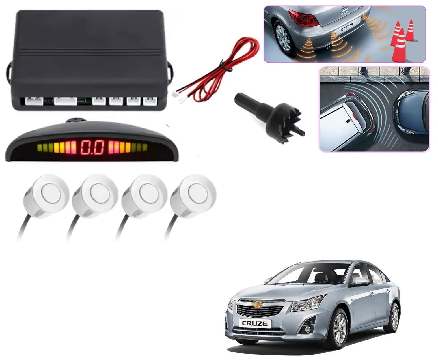 Auto Addict Car Reverse Parking Sensor with LED Display 4 Sensor Reverse Parking Auto Radar Detectors (White) for Chevrolet Cruze