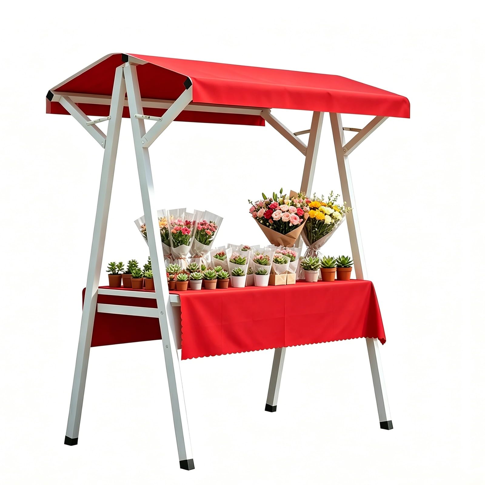 CHBMZ Foldable Metal Farmers Market Cart with Canopy - Portable Flower Cart, Pop-Up Retail Vendor Stand with Display Shelf for Craft Fairs, Boutique Shops & Art Shows(Red,160cm/63in)