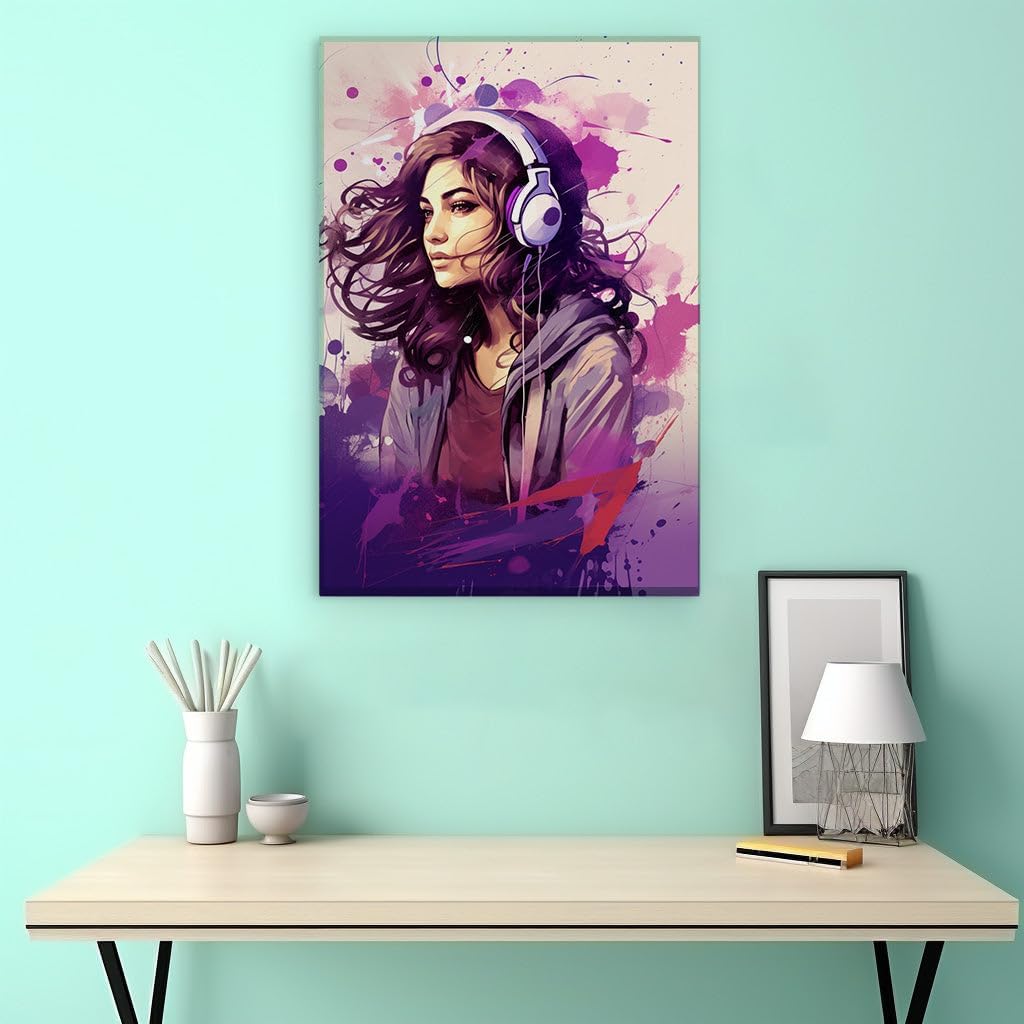Canvas for Living room. Vibrant Beats of Color: A Girl in Motion with Melodies, 27 x 18 inch Canvas Wall Art - Ready to Hang