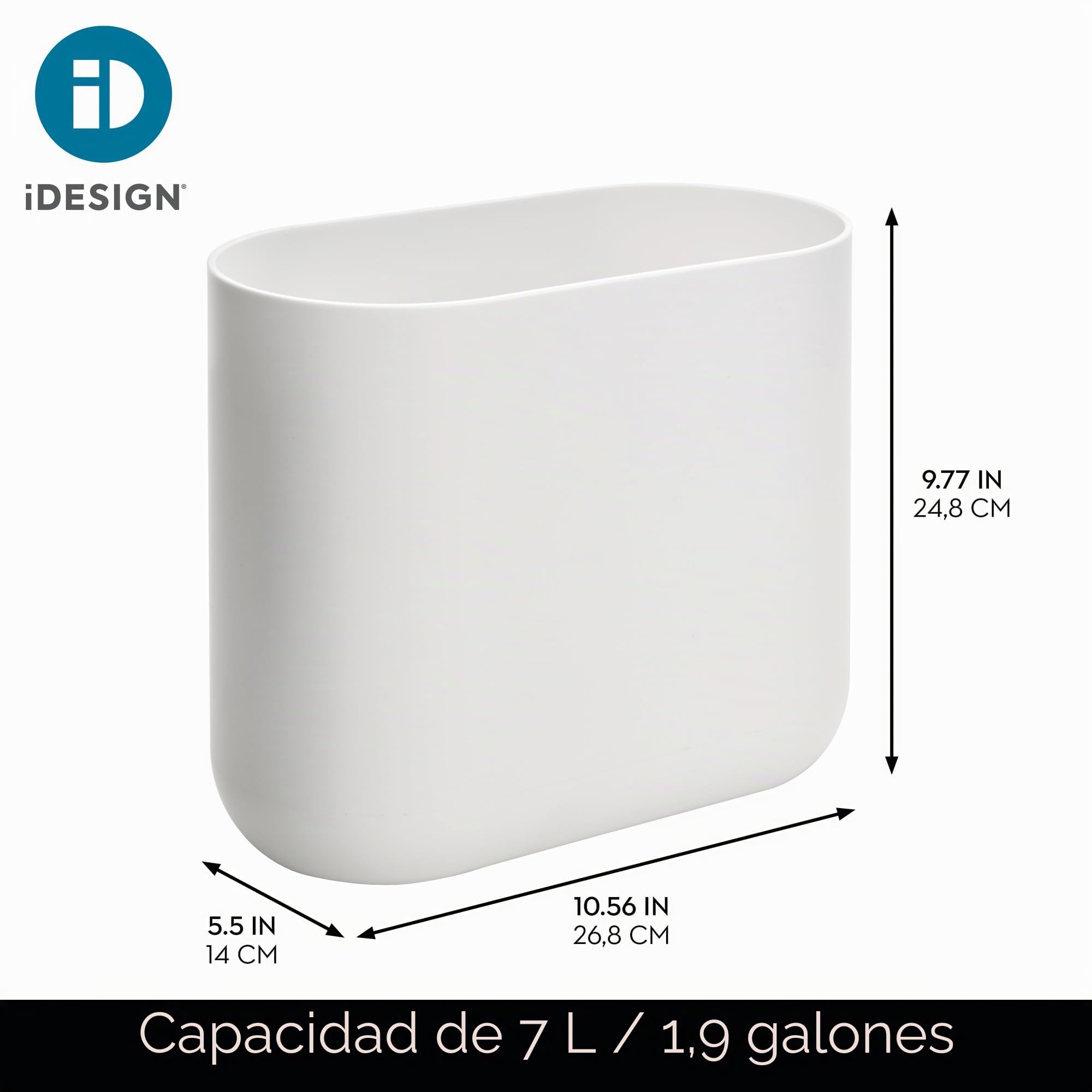 iDesign Cade Cubo de basura para el baño o la cocina, papelera pequeña de plástico, blanco, 26,8 cm x 14,0 cm x 24,8 cm
