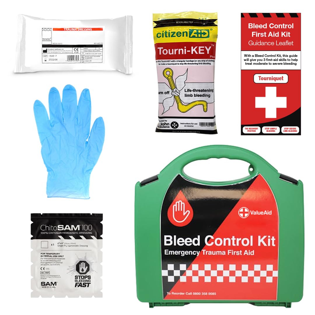 Value Aid Basic Bleed Control Kit with Tourni-Key Plus – Hard Case Emergency Trauma Pack – Includes Haemostatic Dressing, Pressure Bandage, Gloves & Tourniquet Tool – First Responder Grab Kit