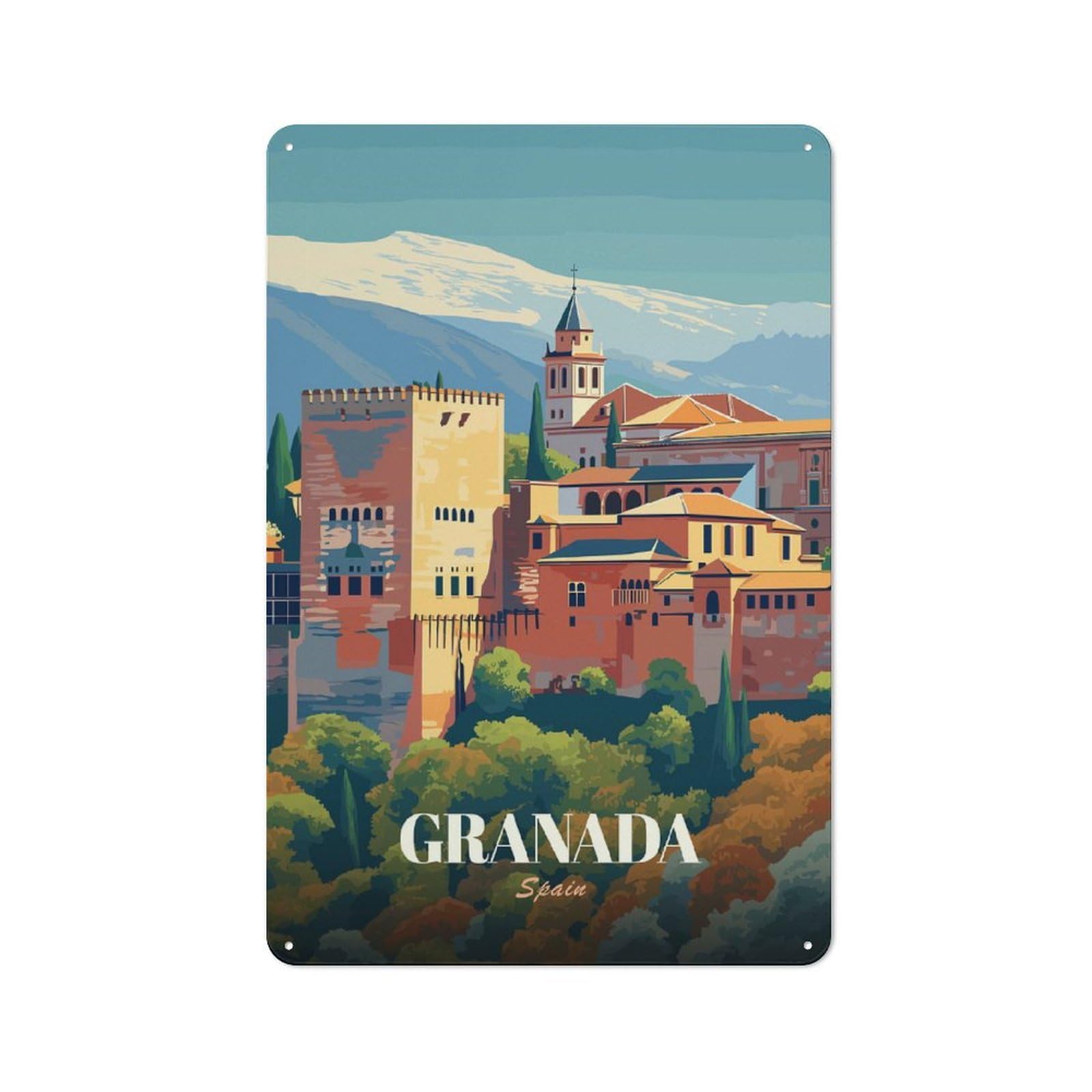 Junmoney Style-17 Metal Gift Sign With Granada, Spain Travel Design 30X20cm, Character Room Wall Plaque For Flat, Dorm Room, Lounge Or Cafe