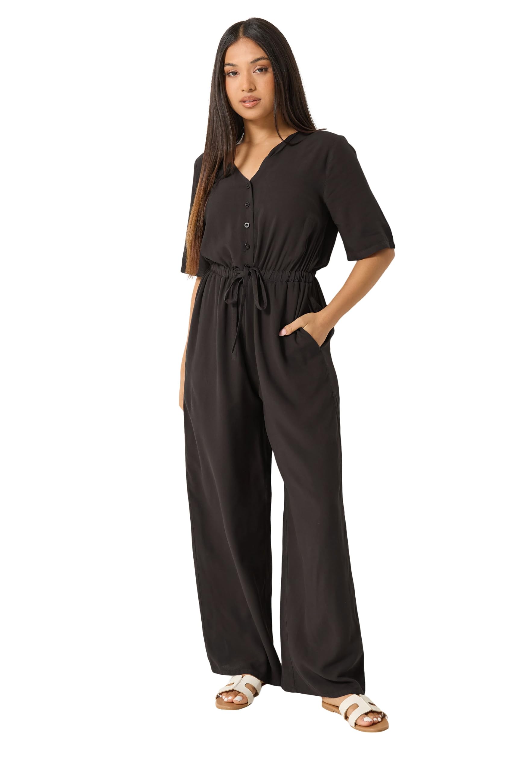 M&Co Women's Chocolate Petite Tie Waist Jumpsuit In | : Size 16