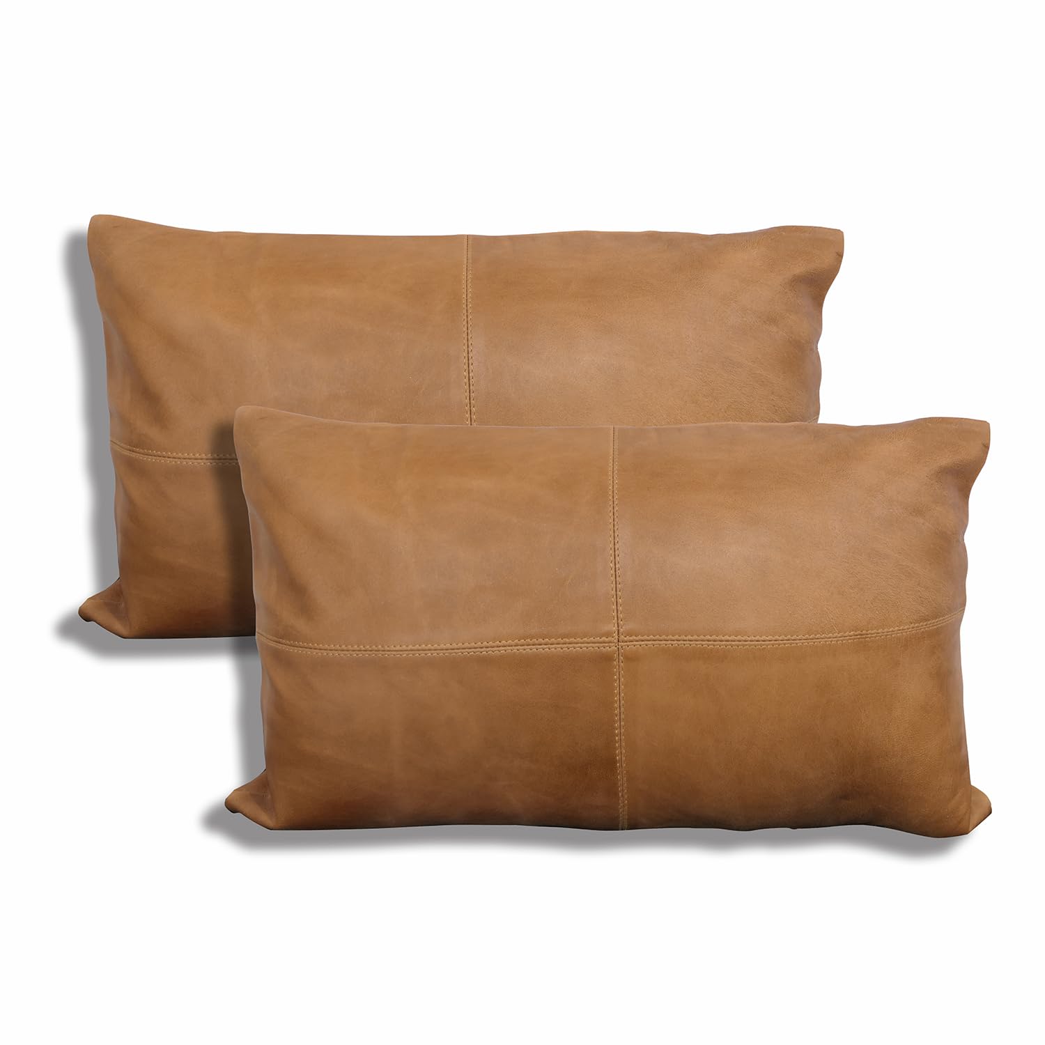 LL LEATHER LOVERS 100% Lambskin Leather Pillow Cover - Sofa Cushion Case - Decorative Throw Covers for Living Room & Bedroom, Tan Plain Pack of 2-