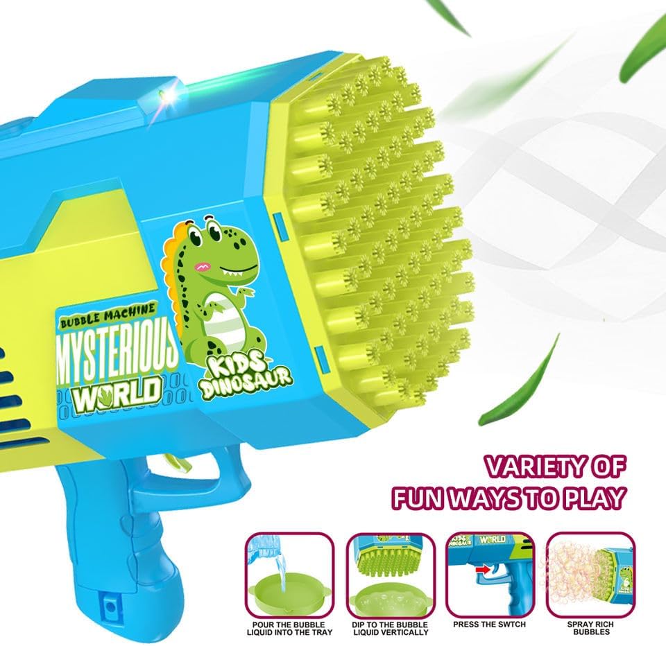Miniatura 5 de Pistola de burbujas de dinosaurio con luces LED, máquina de burbujas de 73 agujeros para fiestas, verano, boda, Pascua soplador de burbujas para
