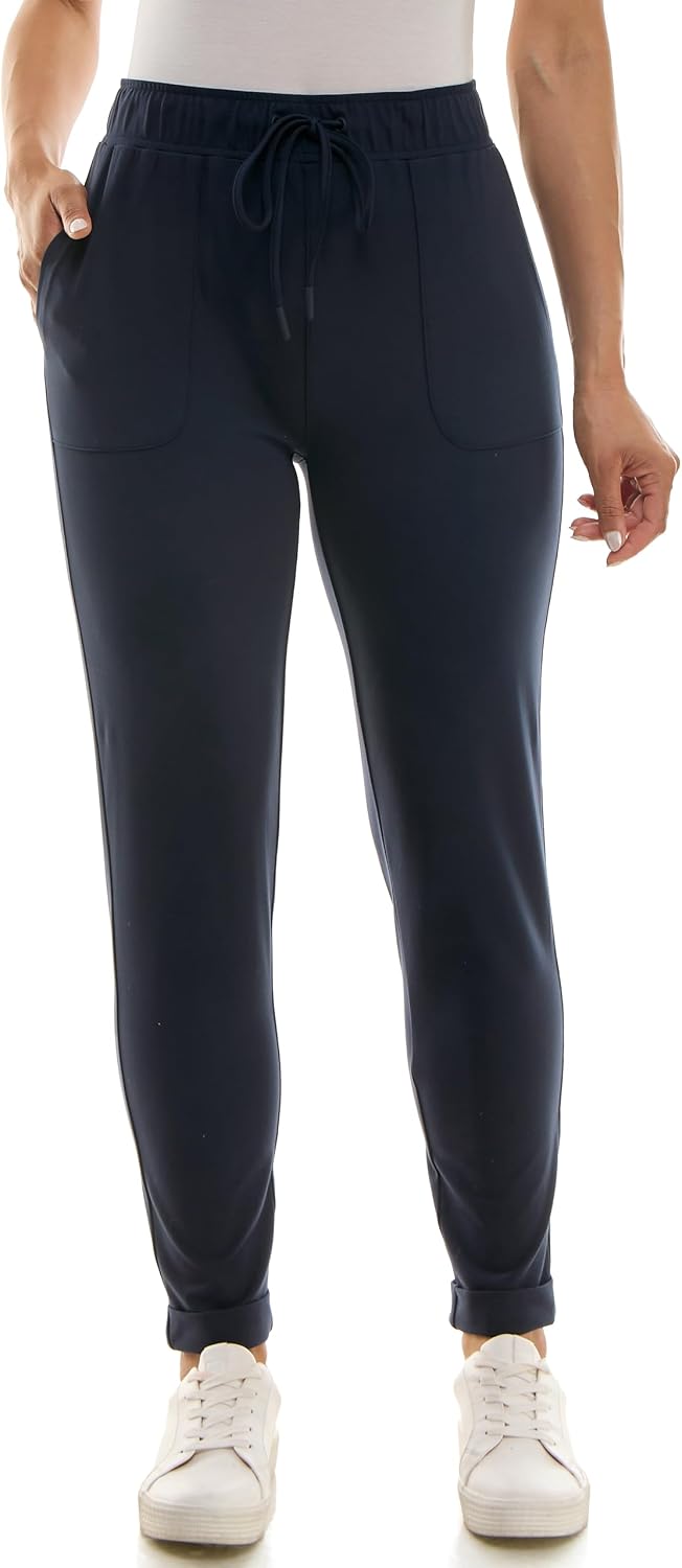 Zac & Rachel Women's Brushed Dty Jogger with Functional Pockets, Elastic + Tie Waist, and Rolled Ankle Cuff