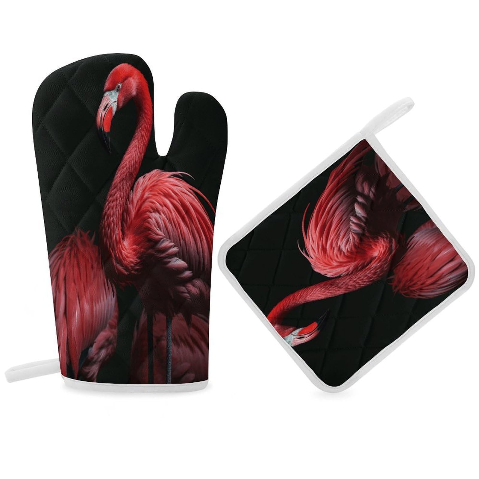 Fodpand Women's Style Flamingo Black Background Oven Mitts And Pot Holders Sets,Oven Gloves For Kitchen Oven Mitts And Potholders For Baking Cooking Grilling Apartment Essentials