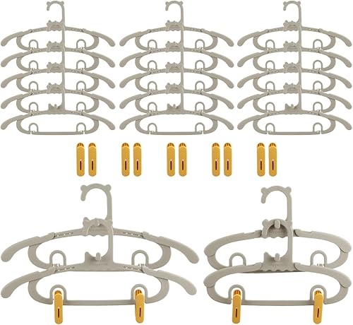 Perchas de bebé para armario con clips, paquete de 15 perchas de plástico para niños, perchas ajustables para niños pequeños que ahorran espacio,