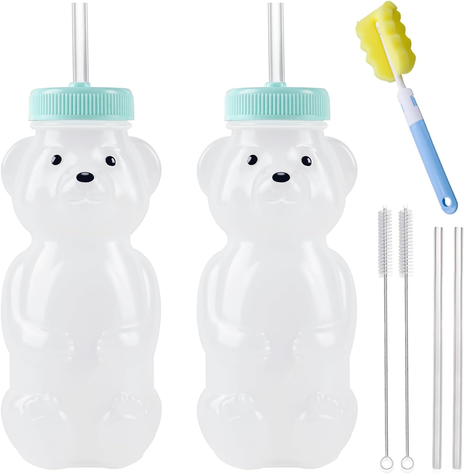 Honey Bear Straw Cups, Juice Bear Bottle Drinking Cup Long Straws with 4 Flexible Straws & Cleaning Tools, 8-Ounce Therapy Sippy Bottles for Speech and Feeding Training, Food-Grade & BPA Free 2 Pack